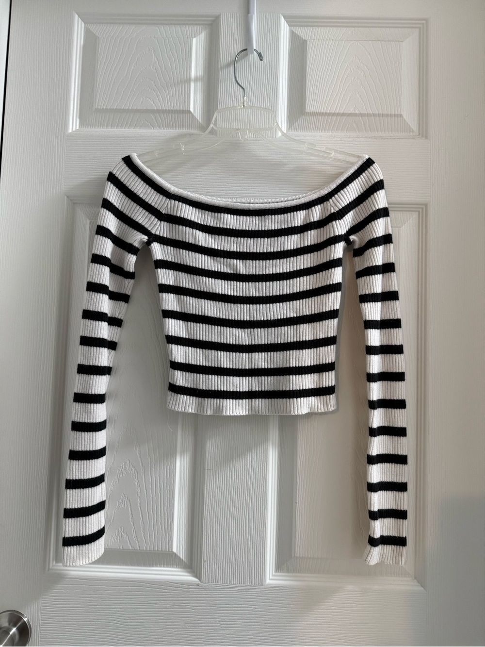Hollister Black & White Off-Shoulder Striped Ribbed Long Sleeve Top